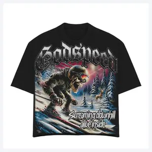 Godspeed Retro Skeleton Downhill Skier Graphic T-Shirt – Vintage Skull Winter Sports Snow Mountain Streetwear Graphic Tee