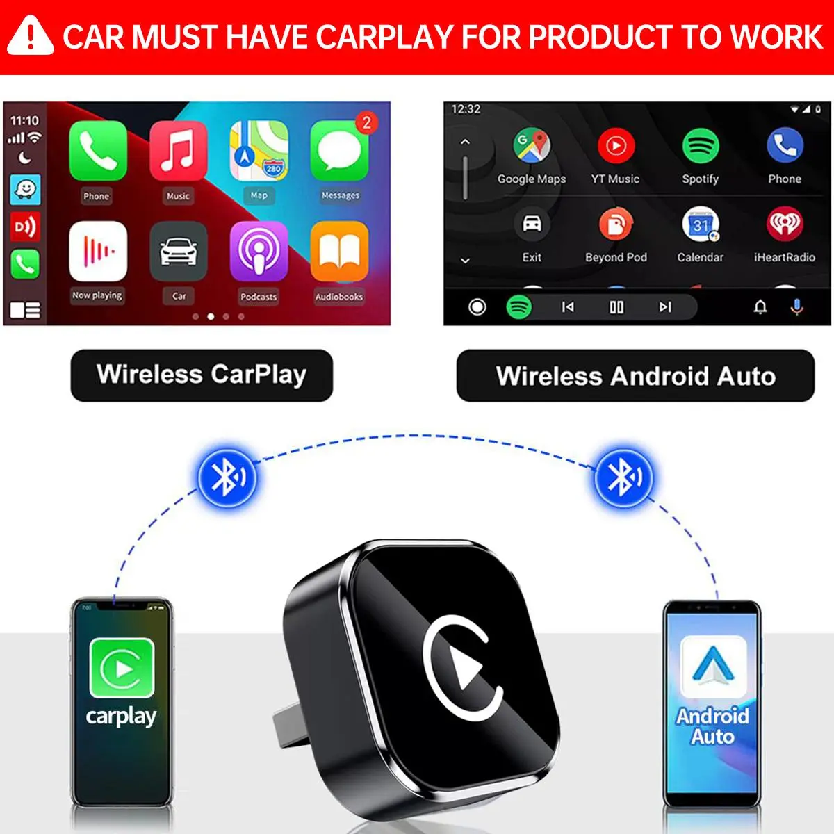 2 in 1 Wireless Apple CarPlay Adapter, for both Apple and Android,converts wired to wireless, suitable for factory wired CarPlay cars from 2017+ Black