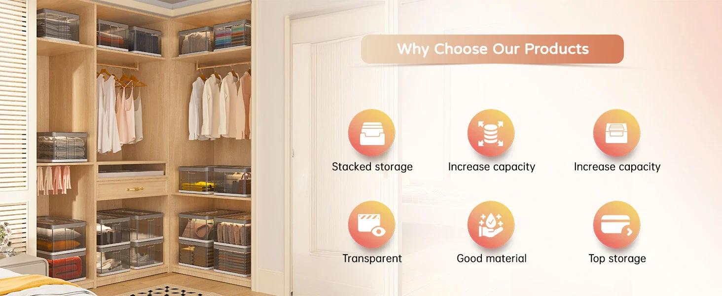 【Clearance】RaybeeFurniture 1/2/3/4/5/6 Pack Transparent Plastic Storage Bins with A Lid, Stackable Storage Containers for Clothes, Makeup, Folding Storage Boxes for Bathroom, Closet Organizers&Storage Bins for Bedroom, Living Room, Office, Dorm, Kitchen