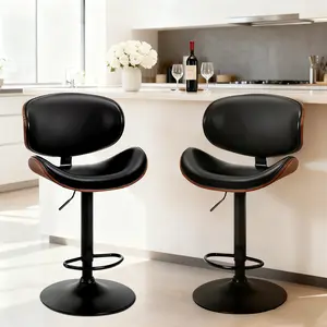 Bar Stools Set of 2 for Kitchen Counter, Adjustable Bentwood Barstools, Modern PU Leather Upholstered Bar Chair with Back and Footrest, for Bar, Kitchen, Dining Room