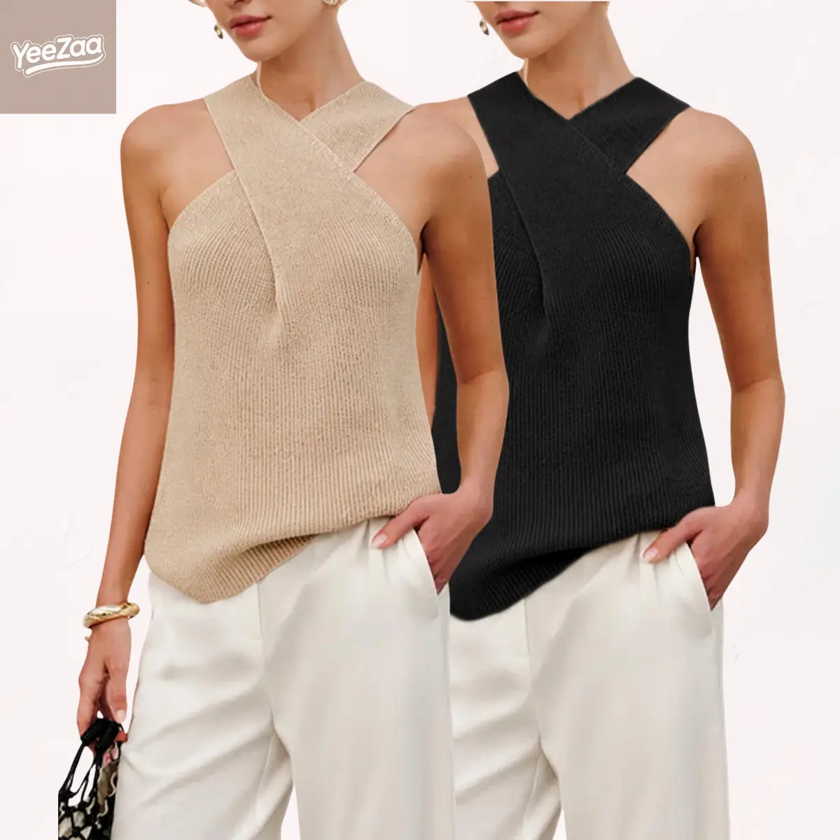 YeeZaa Women's Halter Tank Top 4th of July Holiday Knit Cross Over Collar Sleeveless Solid Color Casual 2026 Spring Summer Blouse Knit Tank Vest