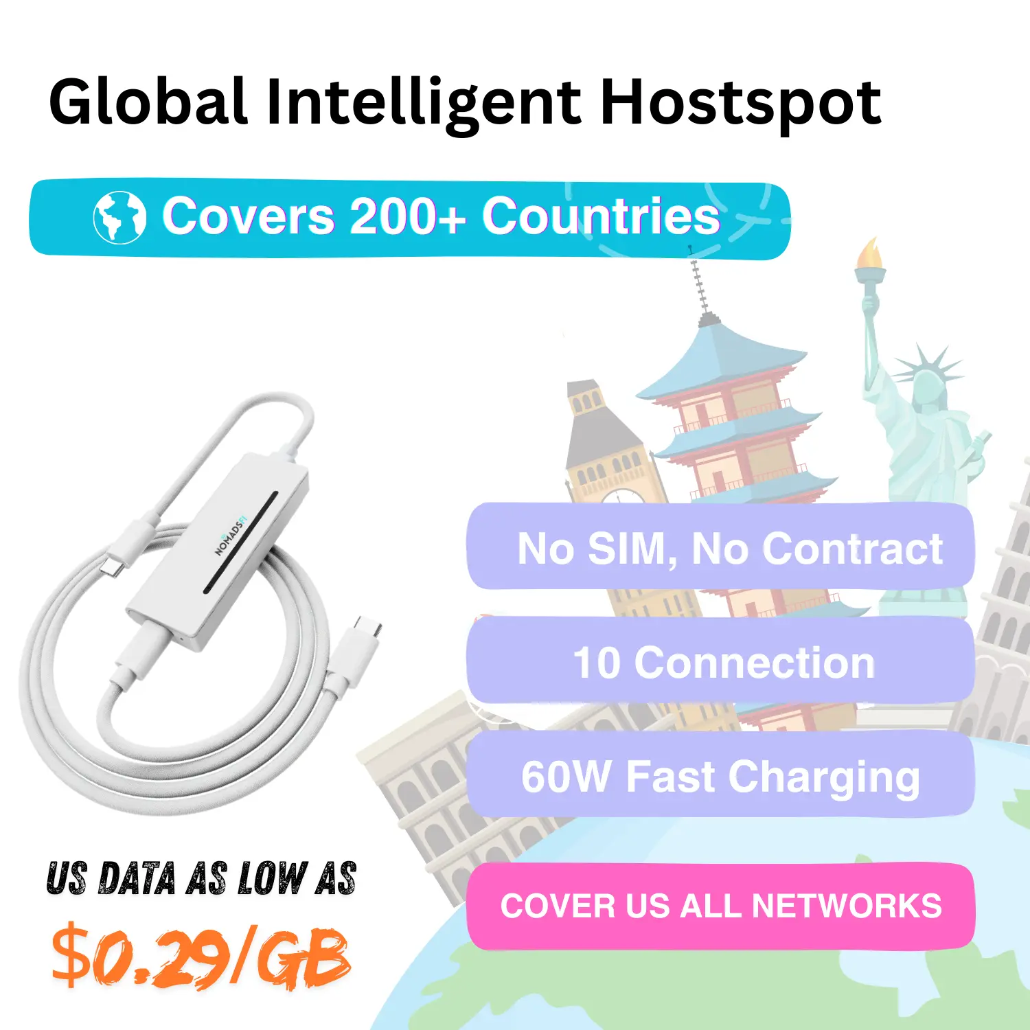CordFi LTE WIFI Dongle 4-in-1 Global Portable WiFi Router& Fast Charging Cable | SIM-Free 4G LTE Internet | Secure Car Wi-Fi  | Travel WIFI