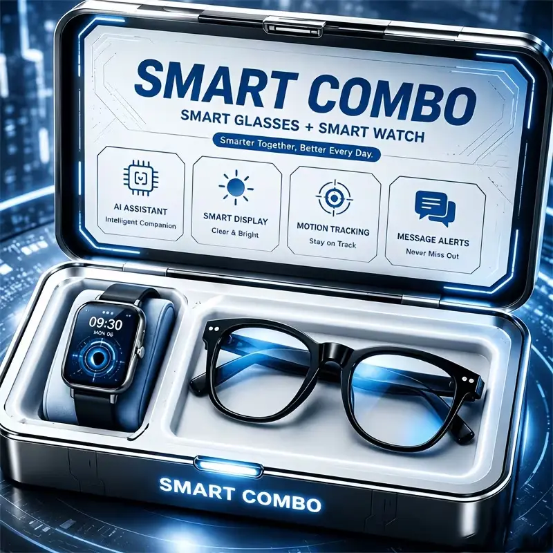 PLEIVO 2-in-1 AI Smart Audio Glasses & Smart Watch Bundle for Men & Women, Bluetooth Open-Ear Audio, AI Voice Assistant, Real-Time Translation,Hands-Free Calls, Fitness Tracker, Heart Rate & Sleep Monitor,Smart Wearable Tech for Everyday Life gifts music