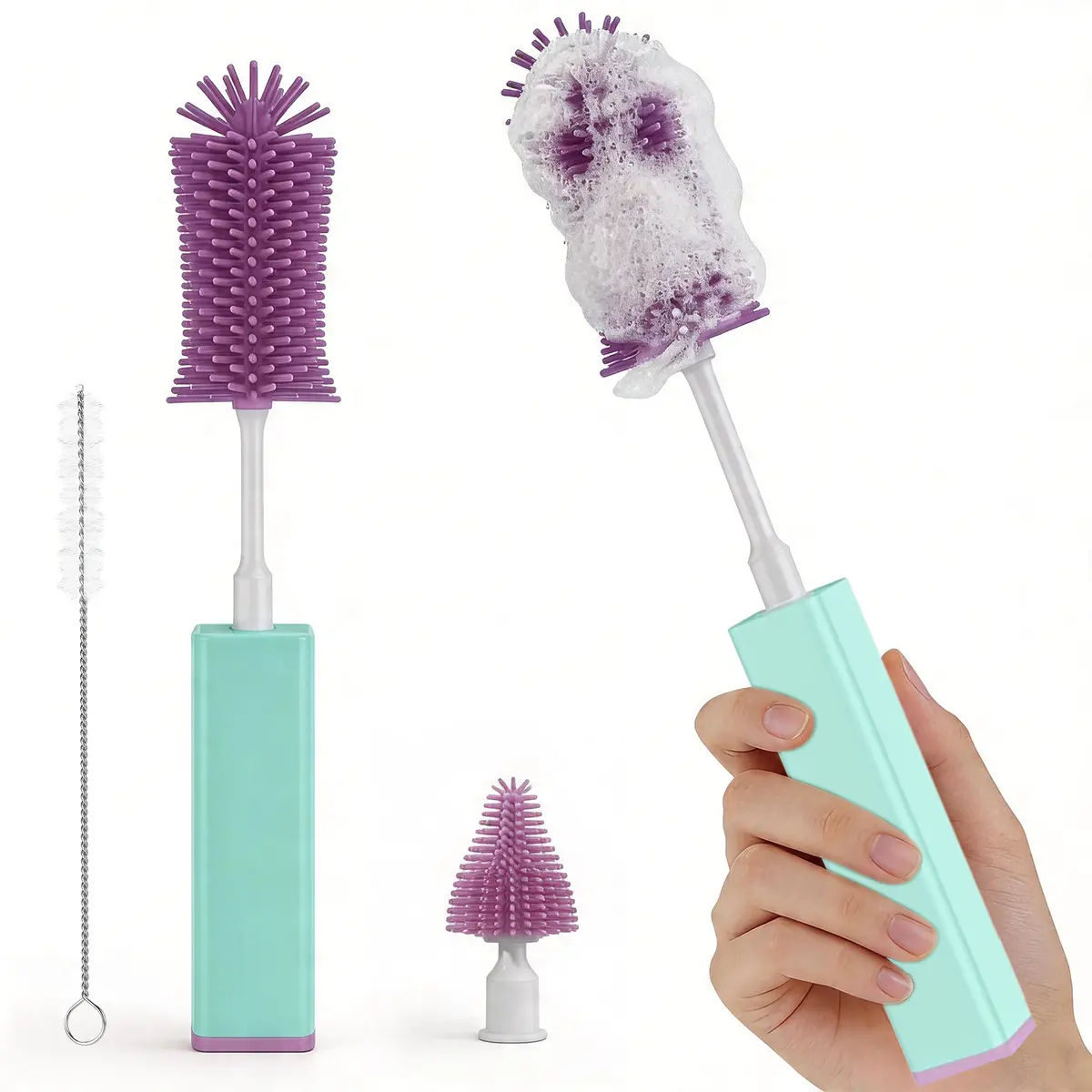 Electric baby bottle cleaner, electric baby bottle brush set, includes bottle cleaning device, nipple brush, straw cleaner, and rechargeable version