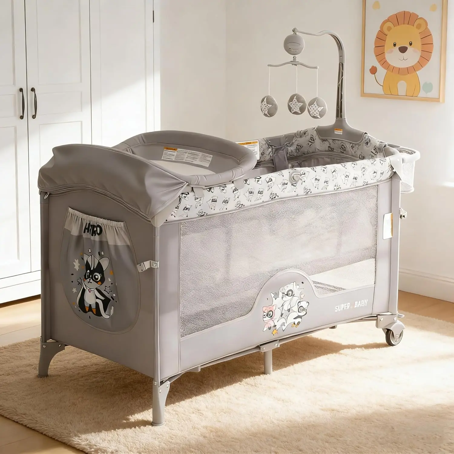 GAOMON 4 in 1 Baby Bassinet, Pack and Play, Bedside Crib Sleeper, Portable Crib with Zip Door & Changing Table, Locking Wheels, Bottom Storage and Toy Bar for Newborn to Toddles