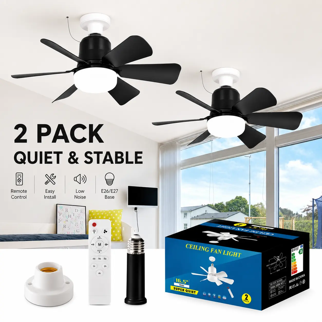 2 Pack 20.5"Socket Ceiling Fan with Light, Stronger Airflow,LED Lighting Fan with Remote Control, Ceiling Fan Light for Bedroom, Garage, Kitchen, Toilet, Ceiling Lights, Ceiling Light Fixture
