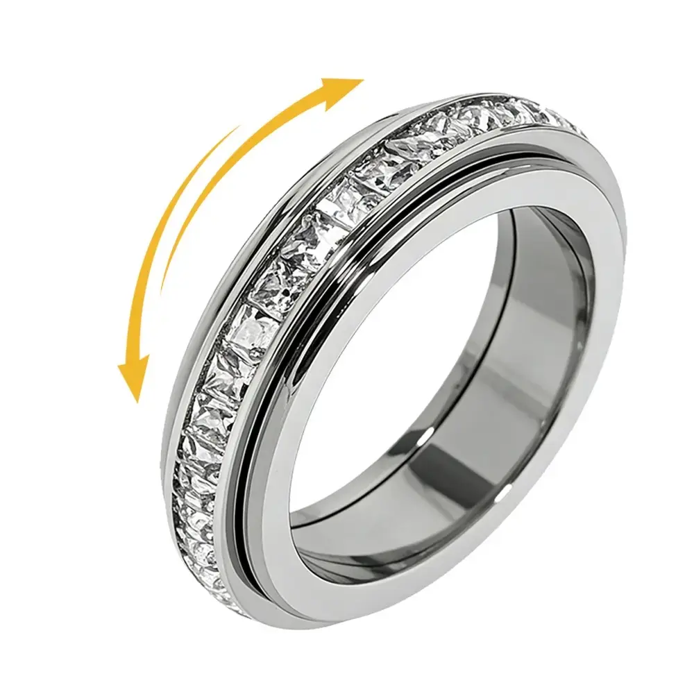 Anxiety Spinner Titanium Steel Fidget Bands with Cubic Zirconia, Stress Relief Comfort Fit for Women and Men, Size 5-12 Rings
