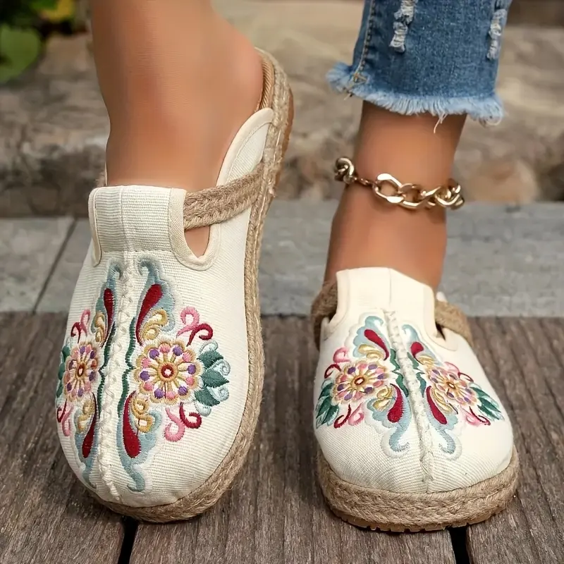 Ethnic Style Trendy Embroidered Slippers For Women Traditional Handmade Woven Footwear Comfortable Outdoor Walking Girl Beige Slip On Mesh Casual Durable Up Classy Chic Modern Ventilated Breathable elegant lightweight
