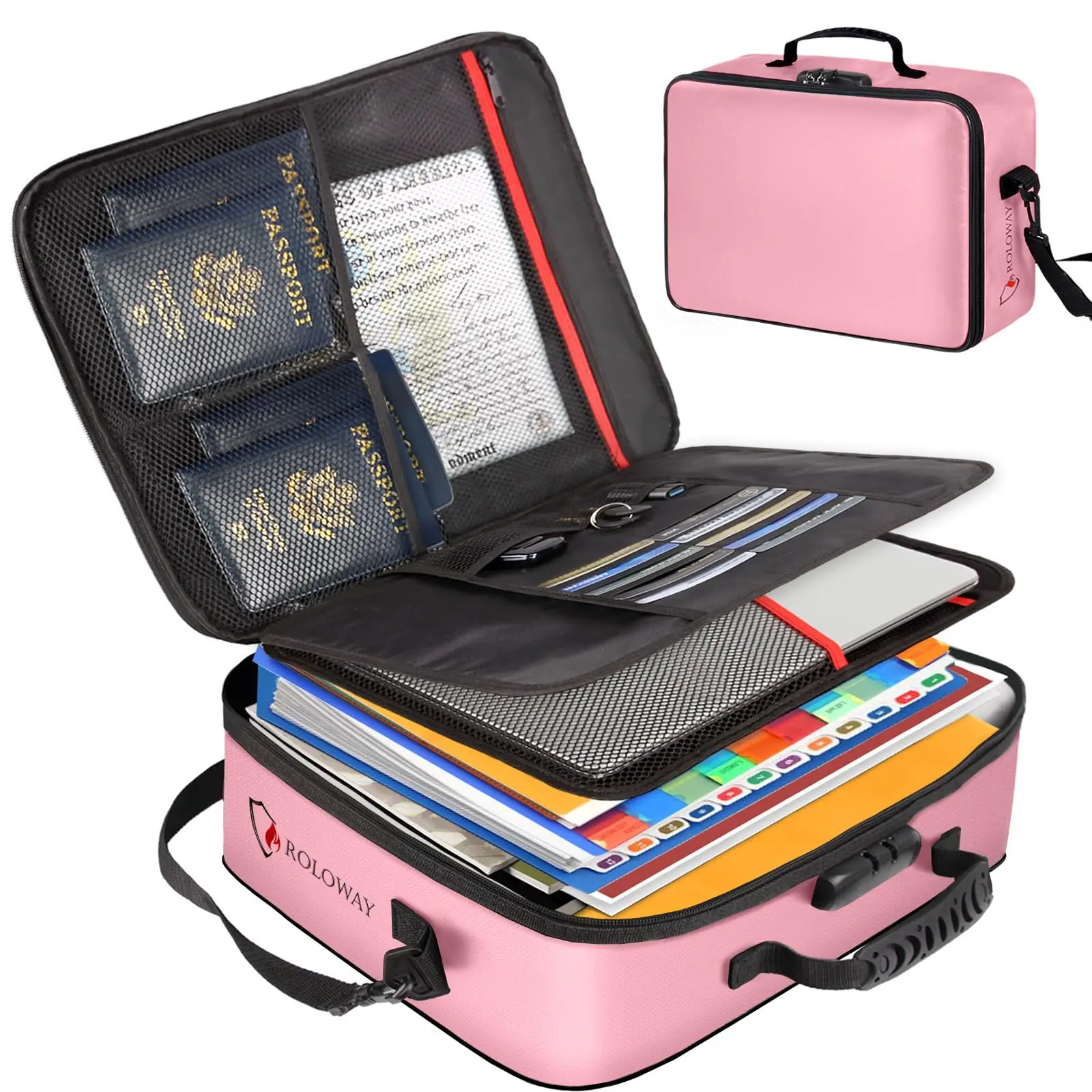 ROLOWAY Lockable Fireproof & Waterproof Document Bag - 17x11.8x5in Large Organizing Pouch, Fiberglass Multi-Pocket Storage Bag with 10 Card Slots, Fixing Strap for Luggage, Hangable Portable Travel Accessory for Files, Valuables (Folds to Save Space)