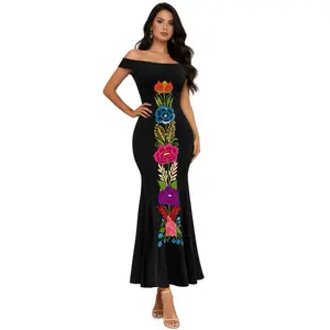 Sirena Dress - Embroidered Mexican Dress with Colorful Floral Design Off-the-Shoulder Style Mexican Wedding Party Dress Fitted dress