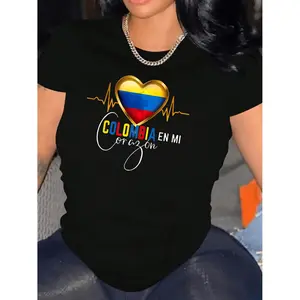 [Colombia Heart Graphic Tee] Colombia Heart Graphic T-Shirt - Women's Casual Short Sleeve Crew Neck Knit Tee - Polyester Spandex Blend, Medium Stretch, Alphabet Print Summer Top