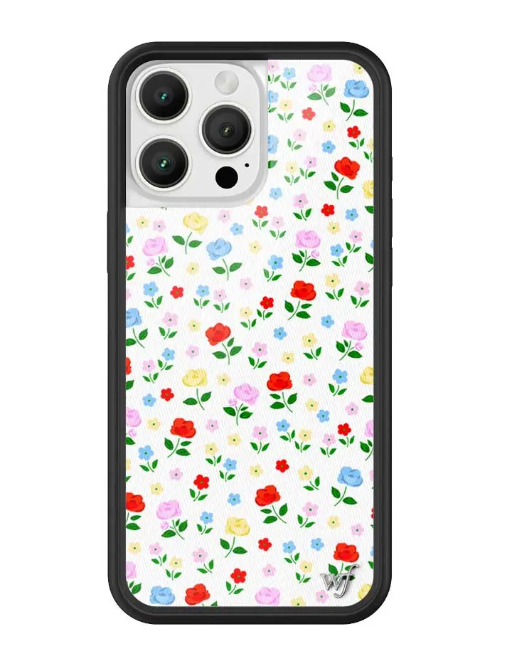 Prairie Floral | Limited Edition Trendy iPhone Case | Raised Protective Black Bumper | Women Owned Small Business | White Background Green Leaves Red Blue Yellow Pink Daisies Floral Pattern | Safety Casing Protective | Gift for Her, Smartphone, Handheld