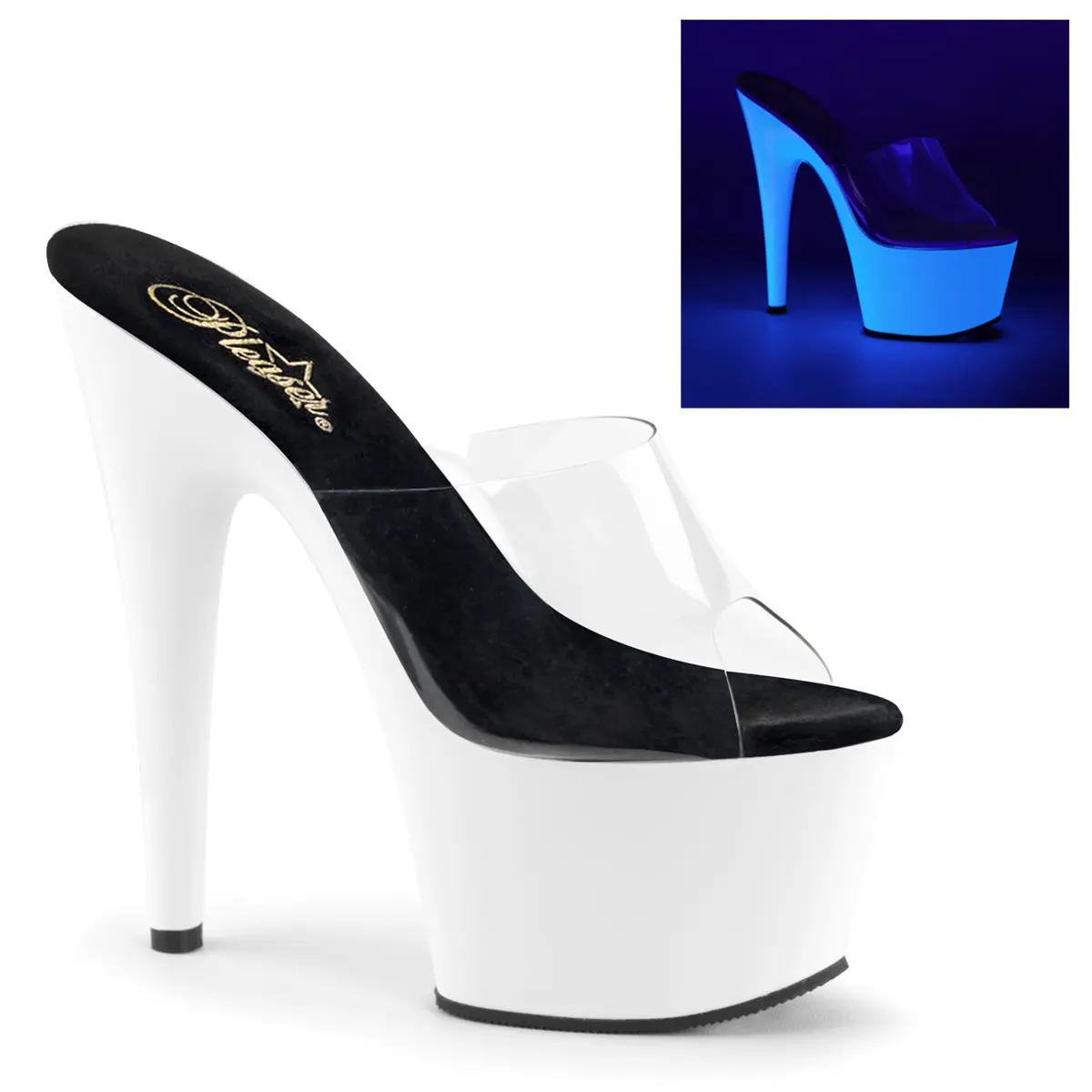 Pleaser Women's Adore-701UV Stylish Platform Shoes, 7-Inch Stiletto Heels with a Neon UV Reactive Open Toe Slide Design, Footwear, Women's Fashion, Heeled