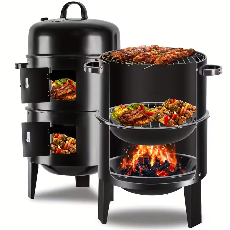 Vertical 16 Inch Steel Charcoal Smoker, Heavy Duty Round BBQ Grill for Outdoor Cooking, Black Vertical 16 Inch Steel Charcoal Smoker, Heavy Duty Round BBQ Grill for Outdoor Cooking, Black