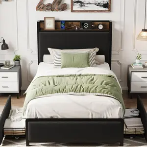 Twin Size Bed Frame with 2 Storage Drawers and Charging Station, Rustic Velvet Upholstered Platform Bedframe with Storage Headboard, Black