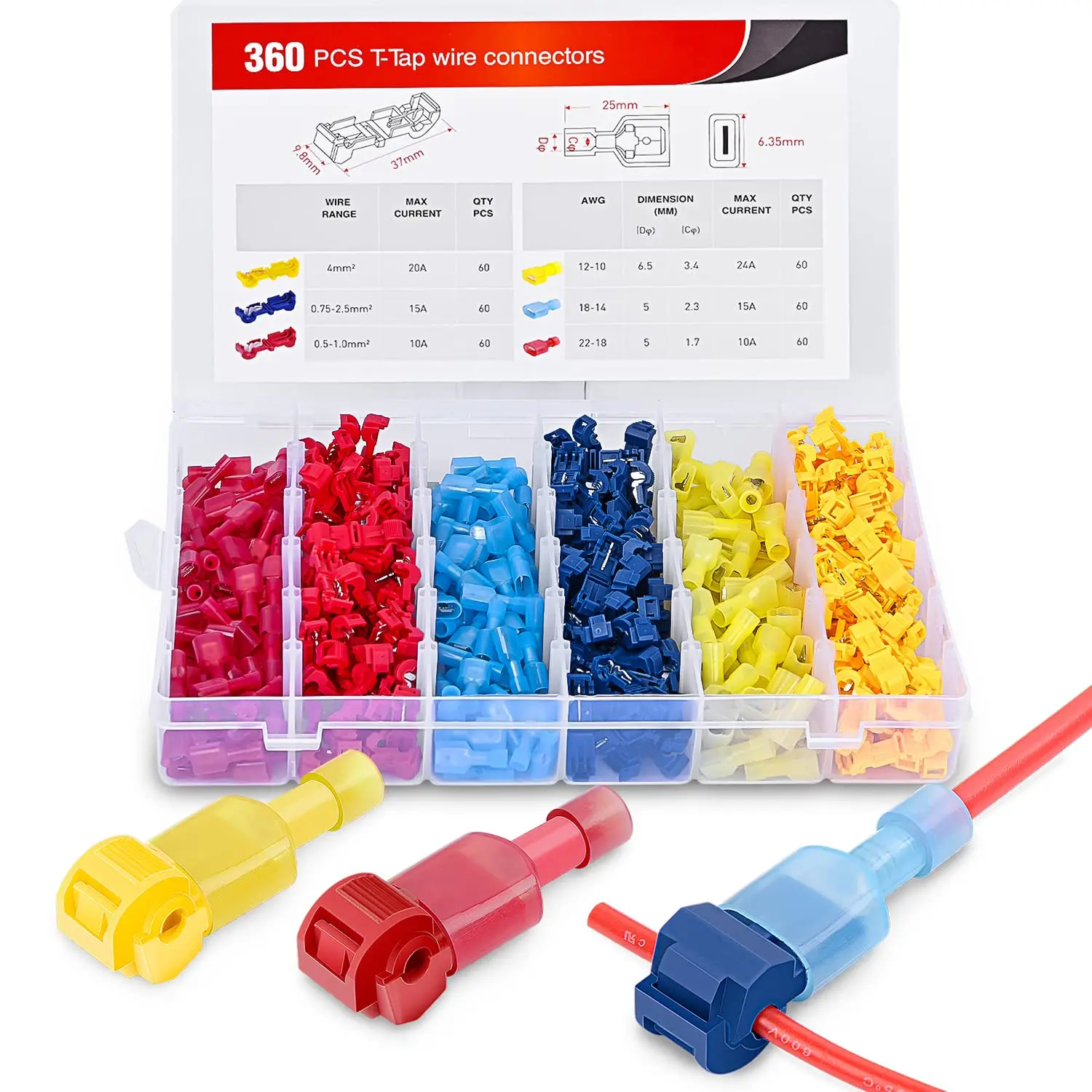 Nilight 360/480PCS Electrical Wire Connectors Assortment Kit (180PCS Quick Splice Taps) - Self-Stripping, Color-Coded Insulated Male Spade Terminals, 15A for 22-18/16-14/12-10 AWG, Automotive/Home Wiring, Storage Case, Father's Day Gift, 180Pcs Quick Spli