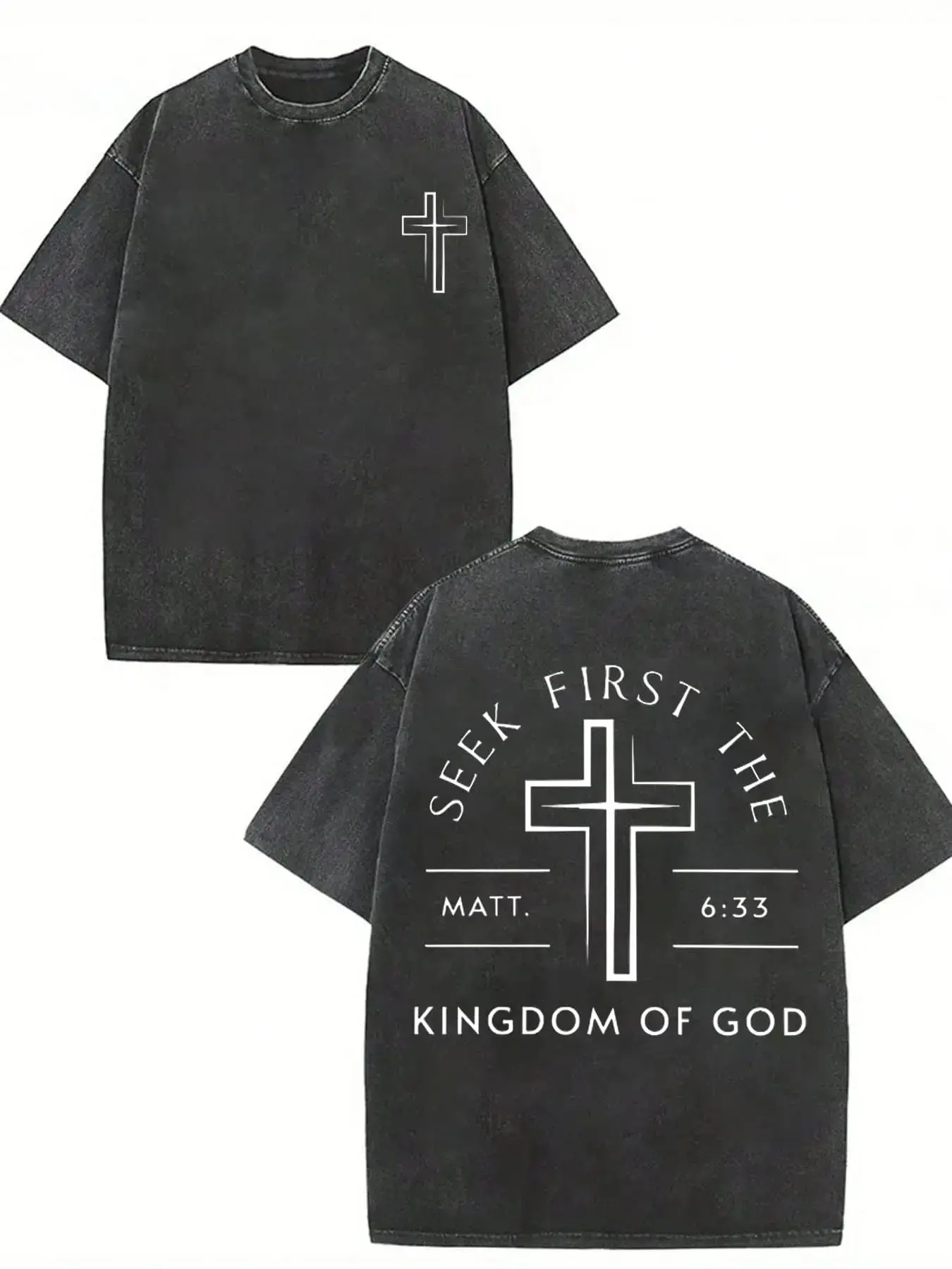 Men's 230g Heavyweight Washed Cotton Vintage Retro Graphic T-Shirt - Distressed Christian Cross Print, Crewneck (Round Neck), Streetwear Tops, Unique Gifts for Man, Boyfriend Birthday Gifts, Gifts For Boyfriend