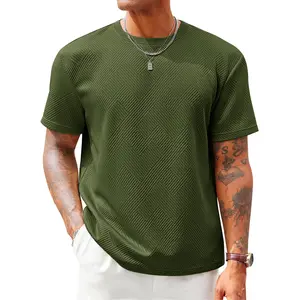 Runcati Men's Casual T-Shirts Short Sleeve Crewneck Summer Stretchy Shirt Textured Jacquard Tops Streetwear Menswear Soft Tshirt Breathable