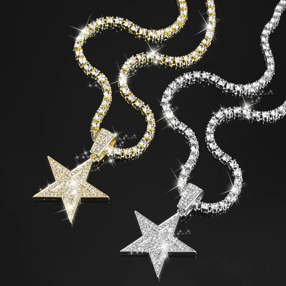Unisex Long Pendant Necklace, Hip-Hop 5-Pointed Star with Rhinestones, Stylish Alloy Accessory for Men, Daily Wear & Gatherings, Stylish Accessories, Hip-Hop Pendant, Fashionable Must-Have, Casual, Five-Pointed