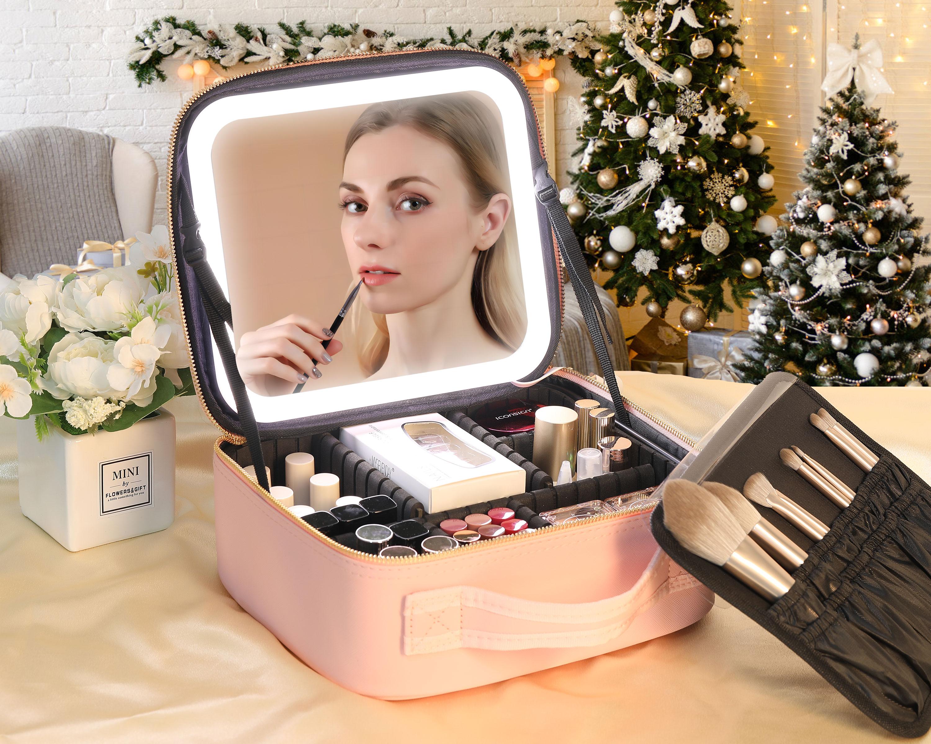 Behaesty Portable Makeup Bag with 3-Color LED Light Detachable Mirror 2000mAh USB Rechargeable Waterproof PU Leather Organizer Compact Travel Cosmetic Pouch Vanity Purse  Zip TikTokShopBlackFriday