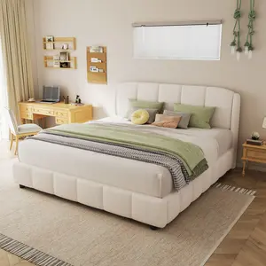 Platform Bed with Boucle Fabric, Soft Boucle Fabric Upholstered Platform bed with Curve-Shaped Design Headboard, Beige, Easy Assembly