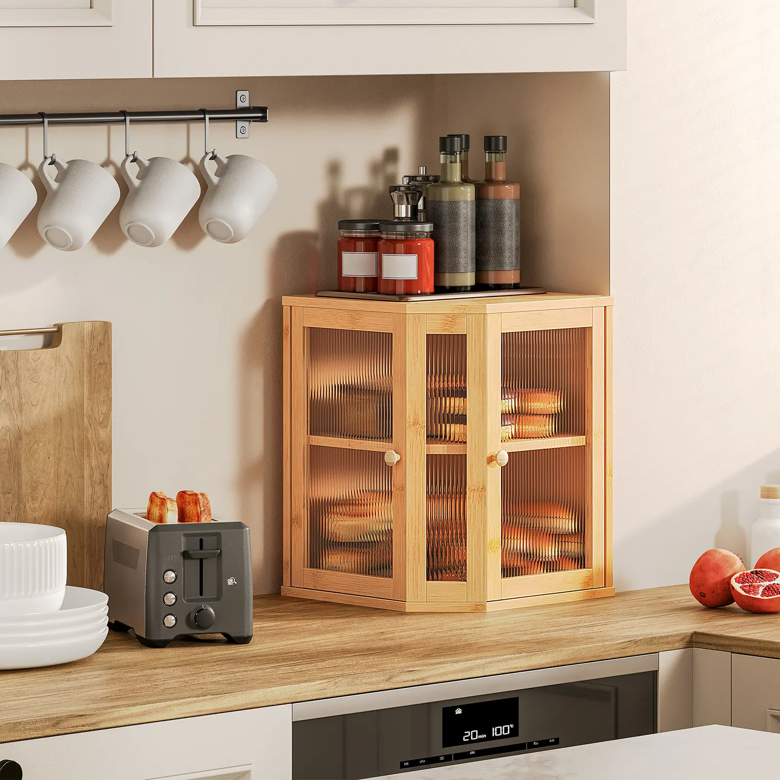 HOOBRO Bamboo Bread Box Large Capacity 2-Tier, Kitchen Countertop Corner Bread Box, Bread Storage Container with Dual Rippled Acrylic Doors, for Kitchen Food Storage, Natural#springtok