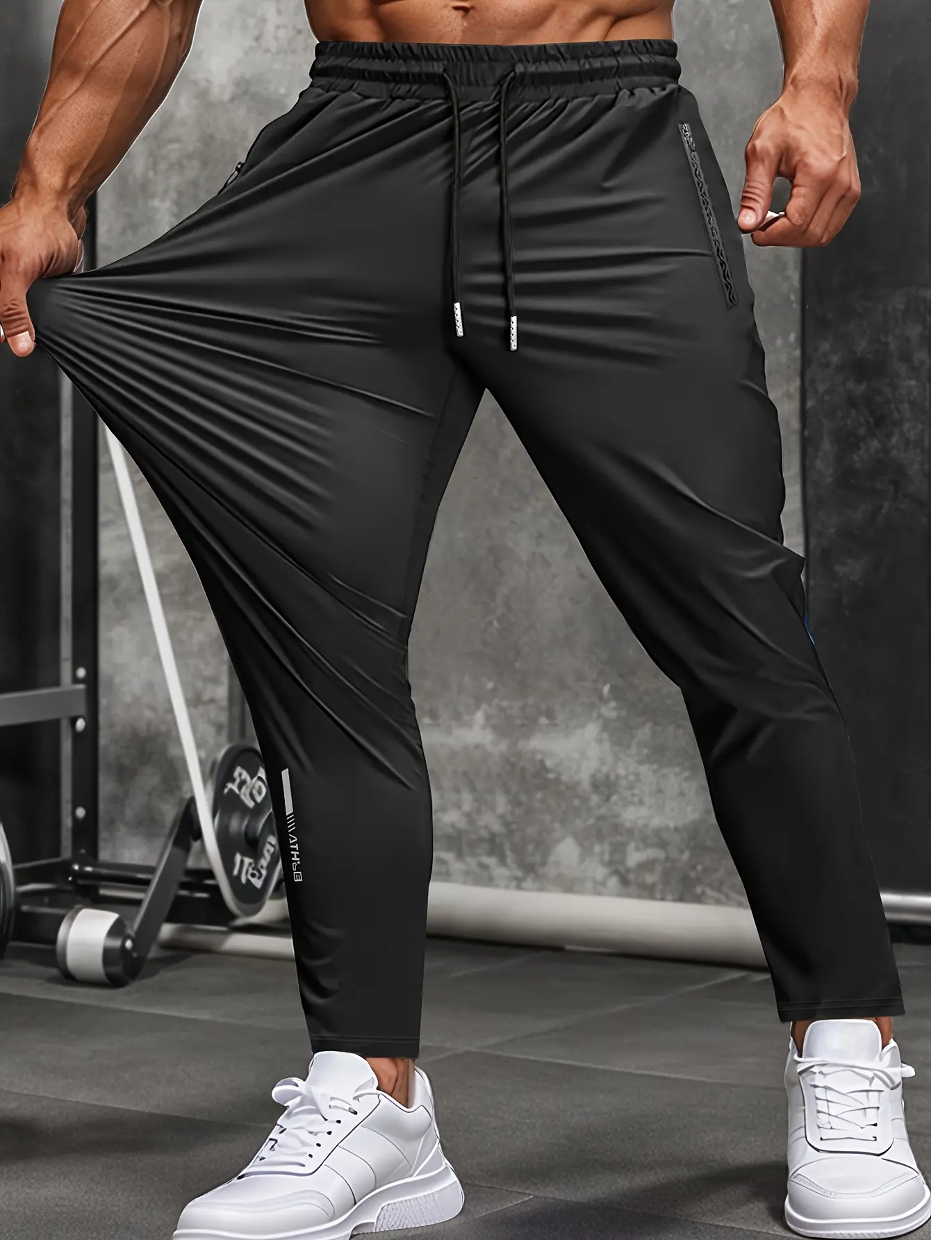 Men’s high-stretch casual business jogger pants with an elastic waistband, zippered pockets, lightweight cool-touch fabric, and a straight cut—suitable for golf, casual wear, and everyday use.