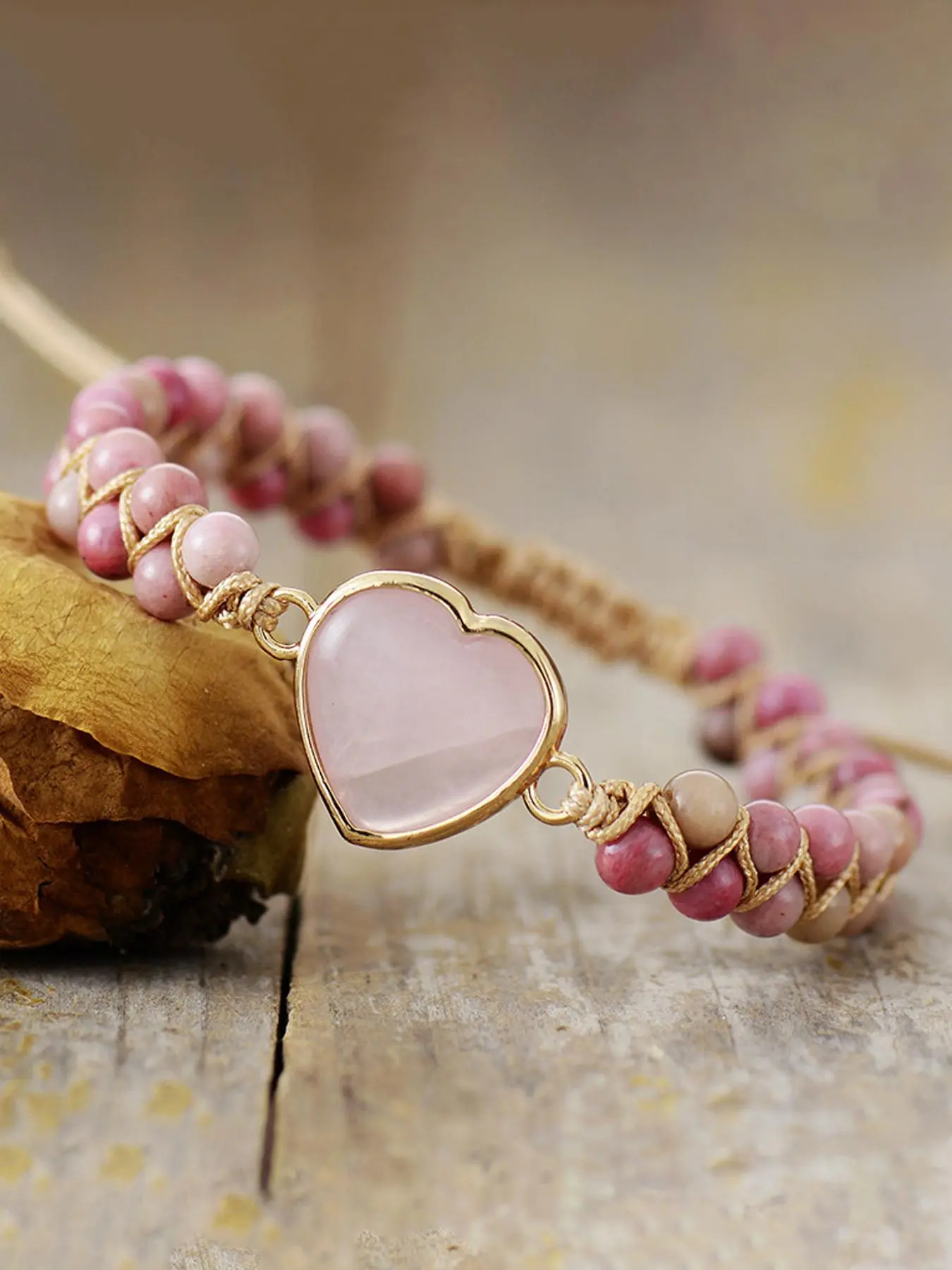 Hand Woven Bohemian Style Double Layered Bead Pink Crystal Heart-shaped Adjustable Beaded Bracelet for Men and Women, Ethnic Style Leisure Vacation Bracelet Gift, Boho Style Bracelet