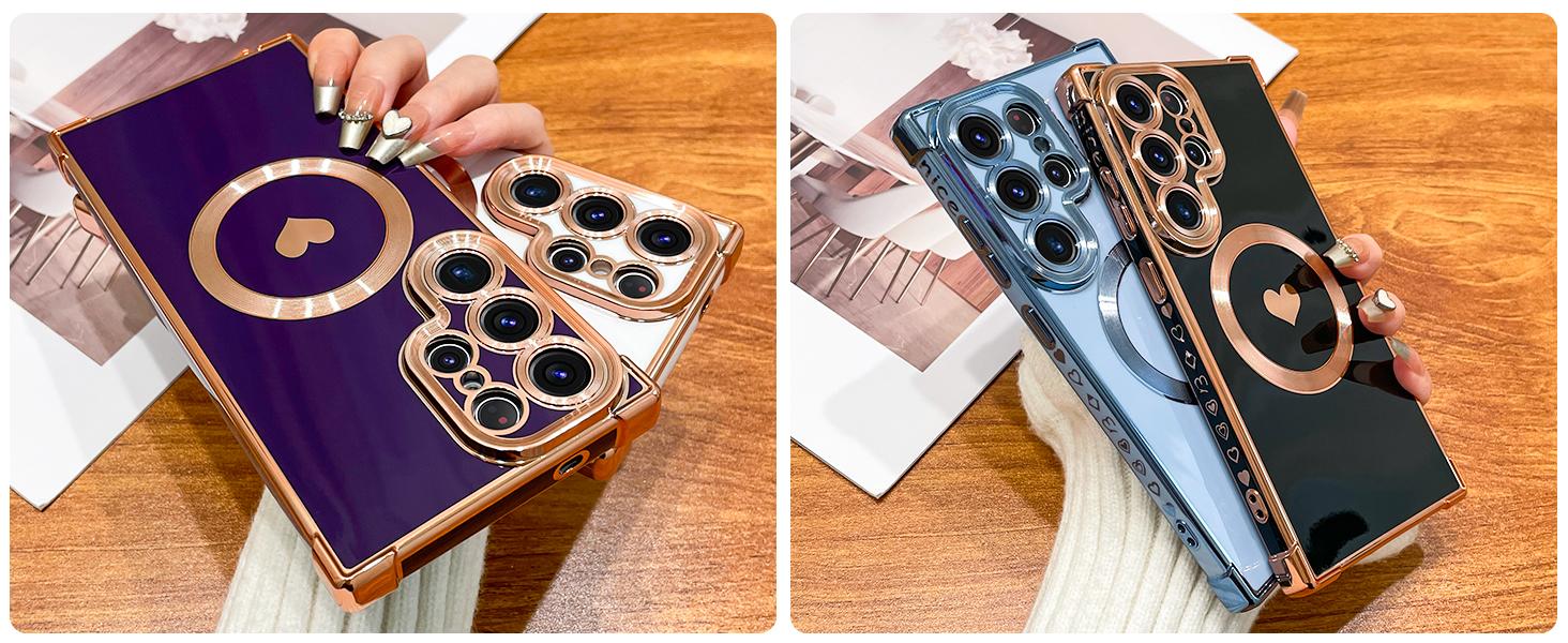 For S26 Ultra S25 Ultra S24 Ultra - Heart Silicone Square Case with Built-in Lens Protector, Magnetic Electroplated Shockproof Soft Cover, Stylish Design Perfect  for Girls Women, Protects from Scratches and Drops special christmas