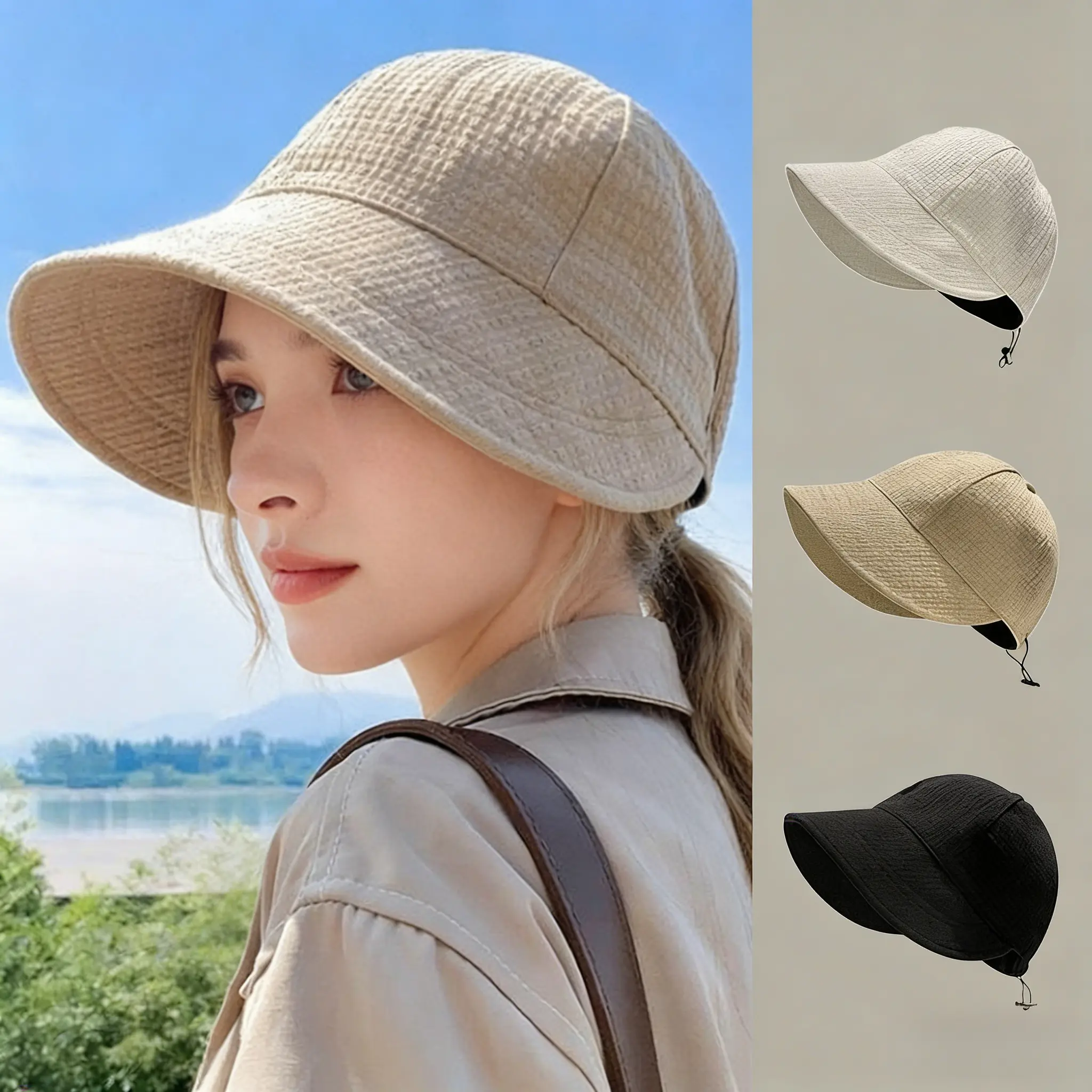 2-PACK Women's wide brimmed waffle hat, adjustable sun hat, spring and summer UV resistant sun hat, fashionable retro casual versatile fisherman hat,