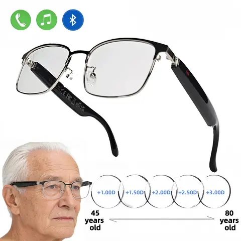 VUB Music Reading Glasses are Bluetooth audio smart reading glasses equipped with blue light blocking lenses and a metal frame.