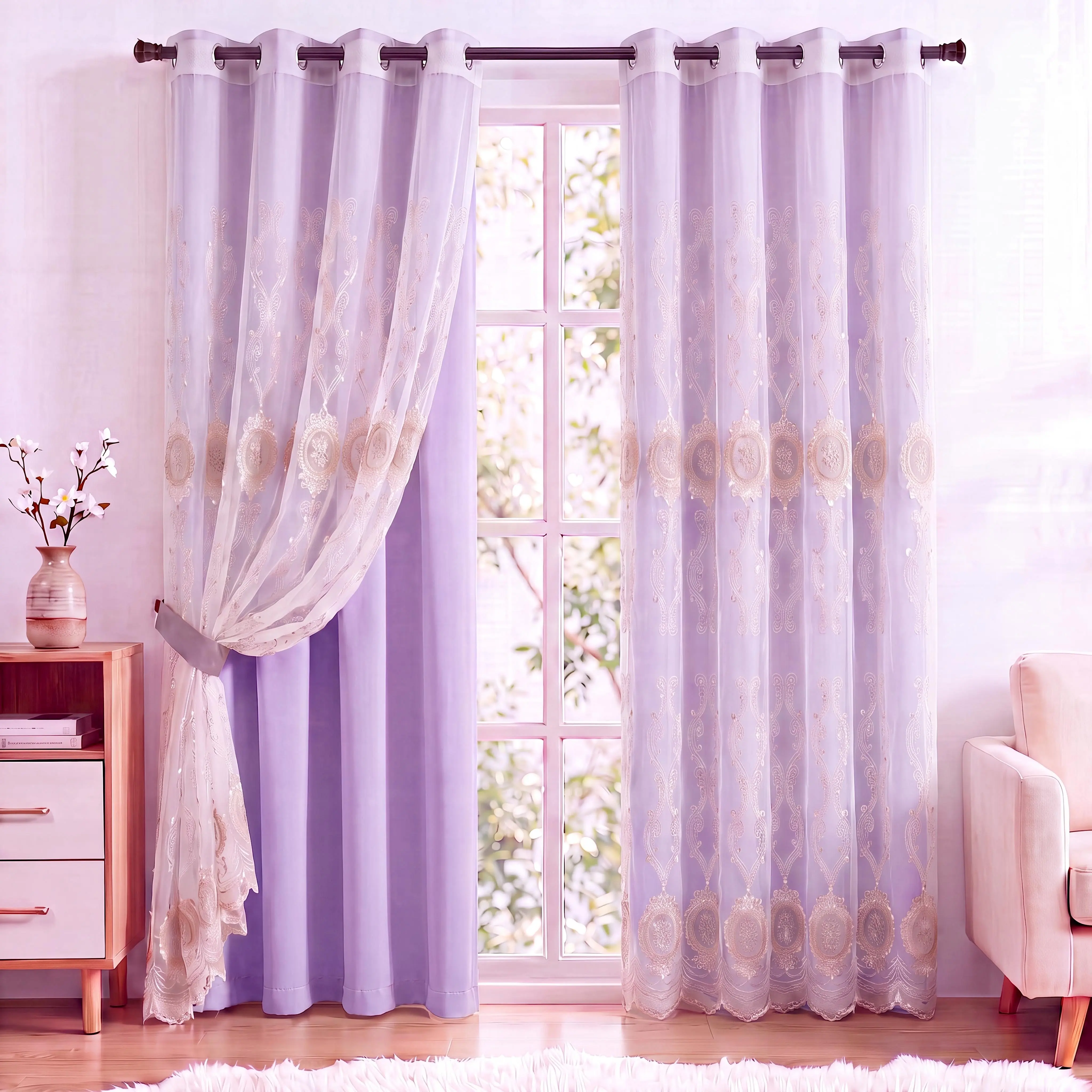 4 Panels 52"x84"Curtains Combo ,2-in-1 Curtain Set, Luxury Wedding Velvet Applique Embroidered Sheer Voile + Solid Color Blackout Liner, Multiple Solid Shades Optional Custom Matching, Grommet Top Double Layer for Bedroom Bridal Apartment Home QF22 QF75,
