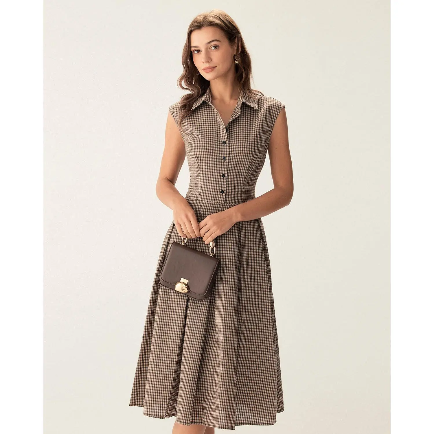 Rihoas Women's Cotton Tartan Checkered Cap-Sleeve Waisted Button-Up Pleated Medium-Length Dress - Brown Neutral-Tone, Soft Fabric, Basic Button-Adorned Womens Dress, Suitable for Office & Casual Wear, Womens Dresses, Neutral-Tone Casual Dresses