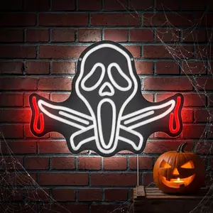 Halloween Ghost Face Neon Light  Scary Movies Halloween Decoration Horror Party Theme Neon Wall Decoration, Suitable for Bedroom Living Room, is a Gift for Horror Lovers, USB Power Supply Spooky Ornaments