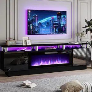 70" Modern Fireplace TV Stand with 36" Electric Fireplace for TVs Up to 80 inch, Luxury LED Light Entertainment Center with High Gloss Cabinet, TV Consoles for Living Room, Black