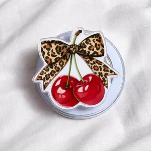 Leopard Bow Cherry MagSafe Phone Grip, Cute Cherry Magnetic Pop Socket Kickstand for iPhone, Coquette Aesthetic Gift for He