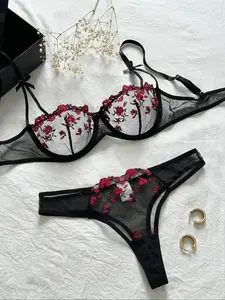 Women's Floral Embroidery Sheer Sexy Lingerie Set, Girly Clothes, Fit Adjustable Strap Bow Decor Underwire Bra & Thong, Lady Soft Comfy Breathable Lingerie Set, Women's 2 Piece Sets 2000s Wear, Lingerie for Women, Womenswear, Underwear Women, FabricUl