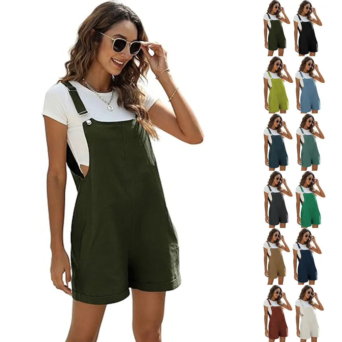 JovenPara Women's Cotton-Blend Pinafore Shorts Romper - Overalls for Women, Linen, Dual Pockets, Adjustable Straps, Cream, Rompers For Women