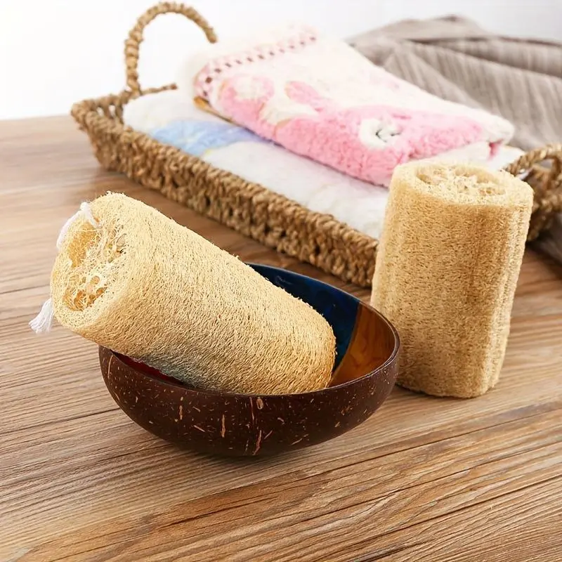 Natural Loofah Sponge Towel, 2 Counts Exfoliating Scrub, Body Scrubber, Body Skin Scrubber, Exfoliating Net Sponge for Shower Gel, Body Massage, Dishwashing & More, Kitchen Cleaning Tool, Bath