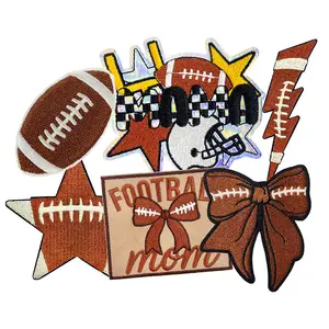 CY Football Mom Iron On Patches Set Embroidered Rugby Bow Star Lightning Applique for Trucker Hats Clothes Jackets Backpacks