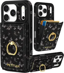 Petitian for iPhone Case with Wallet - Women Girls Cute Girly Aesthetic Unique Design Leather Credit Card Holder Cardholder 360° Rotatable Ring Stand for iPhone 17 Pro Max, Black Butterfly