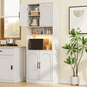 Tall Kitchen Hutch Bar Cabinet with Microwave Stand Kitchen Pantry Cabinet with RGB Light  Farmhouse Large Wood Storage Cabinet with 2 Open Shelves and Barn Doors Cupboard for Dining Room  White