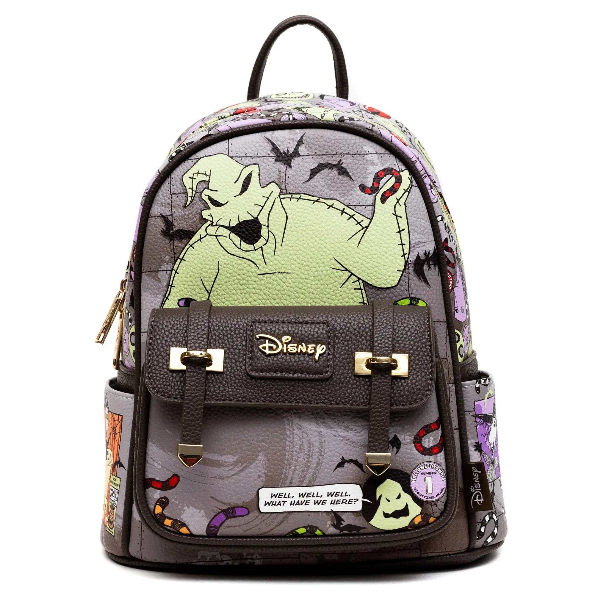 Unisex Oogie Boogie Comic Print Mini Backpack - Pebbled Vegan Leather Halloween Collectibles Bag with Lock, Comic Panels, Shock & Barrel Graphics, Side Pockets, 11" H X 8.5" W X 4" D, Wondapop, All Over Print, Satin Nylong, Scary/Creepy
