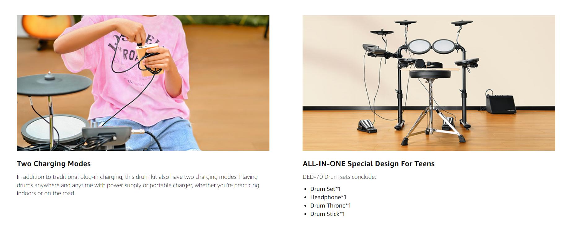 Donner DED-70 Electric Drum Set, Electric Drums with 4 Quiet Mesh Drum Pads, 2 Switch Pedal, Portable and Solid Drum Set with Type-C Charging, 68+ Sounds, Throne, Headphones, Sticks, Melodics Lessons