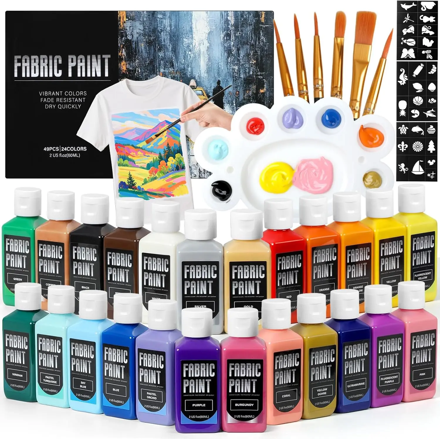 Fabric Paint Set - Permanent and Washer Safe, in Bottles (60ml/2oz), Non-Toxic Certified Fabric Paint with Brushes and Stencils, Textile Paint for Clothes, DIY Projects, Creative Gift for Christmas, Birthdays,Back to School, #tiktokshopsummersale