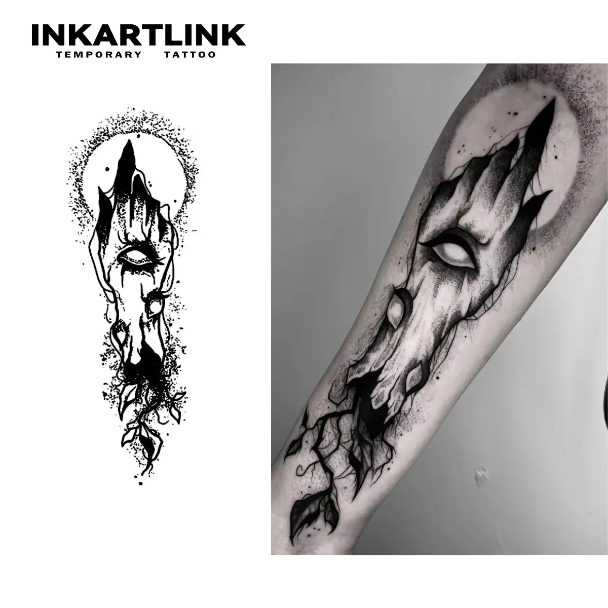 INKARTLINK Tattoo Tech, 2 Sheets Large Semi Permanent Tattoo, Adult Art Design Temporary Tattoos, Lasts 1-2 Weeks, Waterproof, Realistic Look, No Adhesive, No Reflection (Hand Of Evil Eye Design) Sensitive