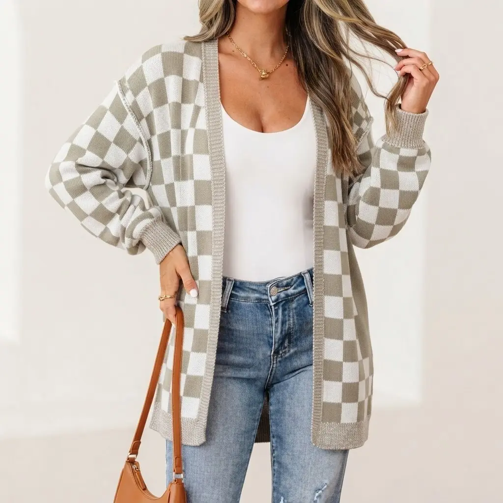 PHEFEE Women's Checkered Cardigan Sweater - Open Front, Long Sleeve, Vintage Chic Streetwear, Relaxed Fit Boyfriend Knit Outerwear, Everyday Essential, Checkerboard