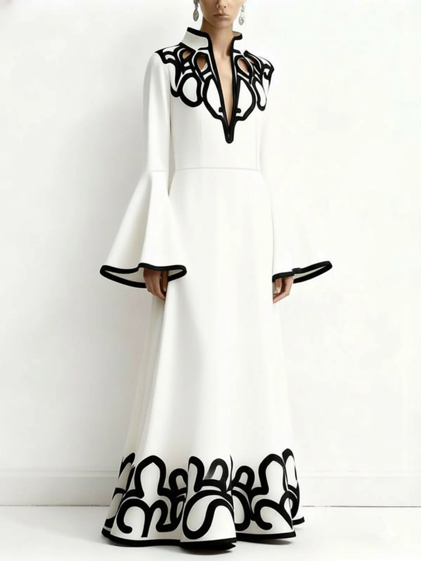 Women's A-Line Flare Sleeve Abstract Print Colorblock Cut-Out Patchwork Stand Collar Long Dress, Elegant Chic Casual Fashion, Flared