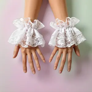 1 Pair Lolita White Lace Glove White Hand Sleeve Elegant Lace Elastic Gloves, Women Ruffled Floral Lace Wrist Cuffs Wedding,Masquerade New Year