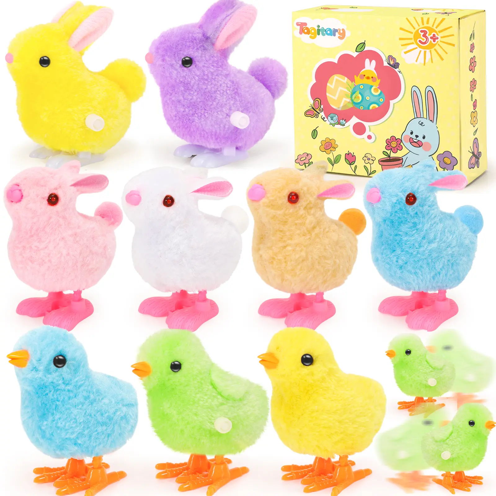 Tagitary Wind-Up Huggable Stuffed Animal Set - Fluffy Stuffed Bunnies, Rabbit & Cute Jump Surprise Jumping Toy Chick, Toddler Easter Favors, Animal Play Gift, Kawaii Stuffed Animals